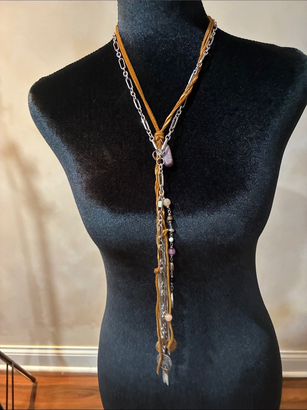 Free People Brown Leather & Silver Chain Lariat Necklace with Purple Accents